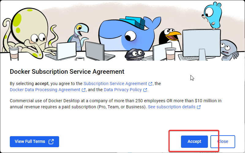 Docker 설치 라이선스 동의